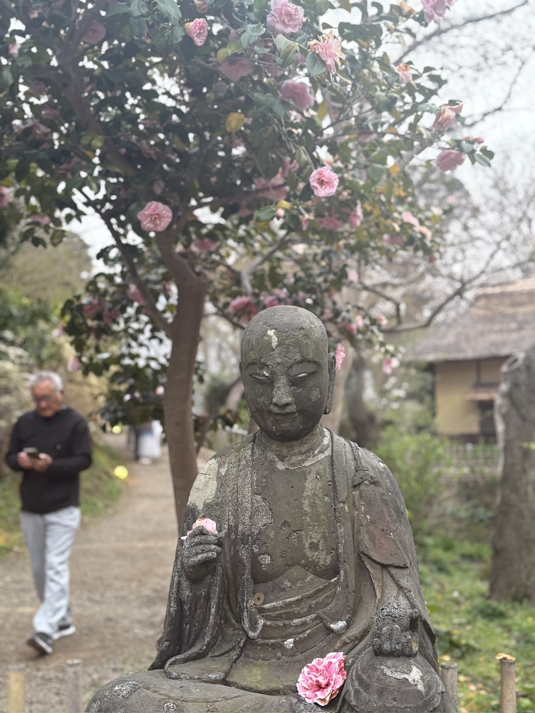 横浜・三渓園。椿をまとったお地蔵様。周囲の自然が織りなす和の景色。和ごころの美